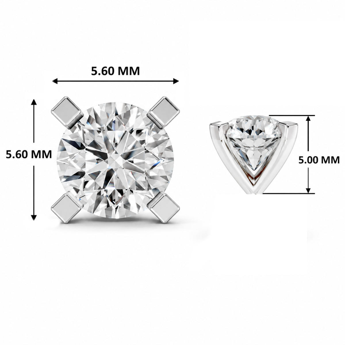 A round brilliant-cut diamond solitaire stud shown with dimension callouts: 5.60 mm across the top and 5.