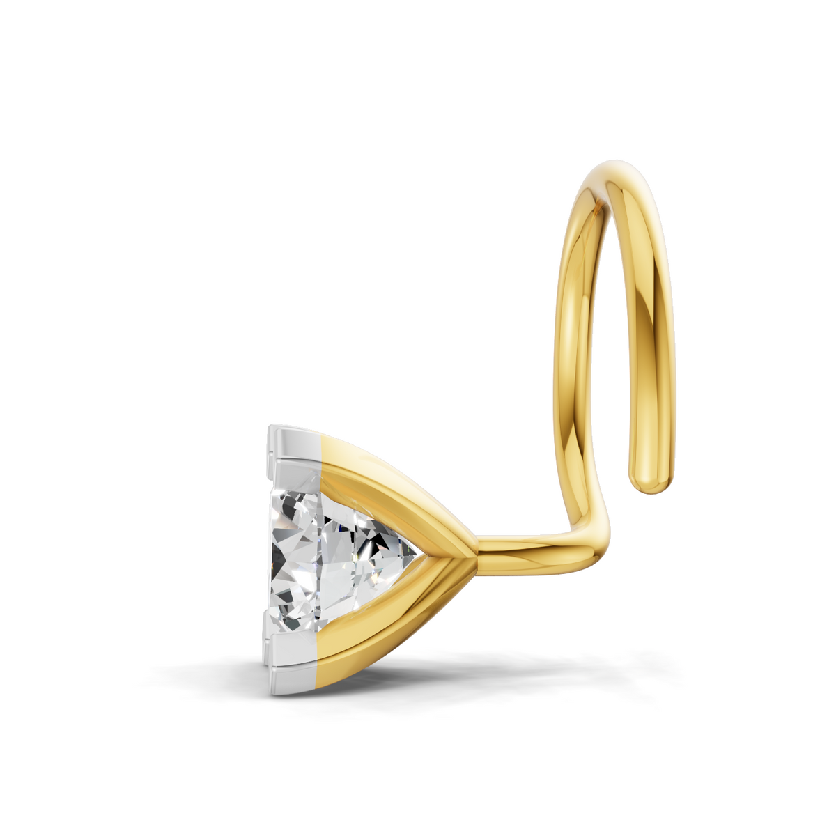 A gold and silver two-tone ring featuring a triangular clear gemstone, shown from a side profile on a clean white background.