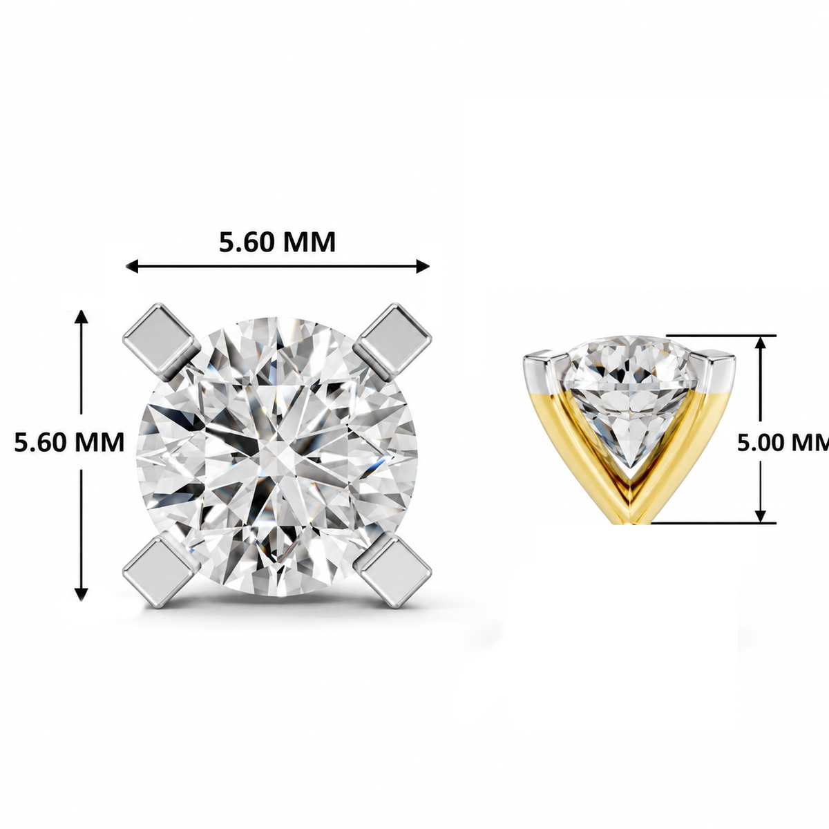 A diamond solitaire stud shown on a white background with measurement callouts: 5.60 mm across the top and 5.