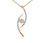 Front view of a rose gold diamond pendant with a fluid wave swirl design set with accent diamonds surrounding a center diamond cluster on a delicate chain