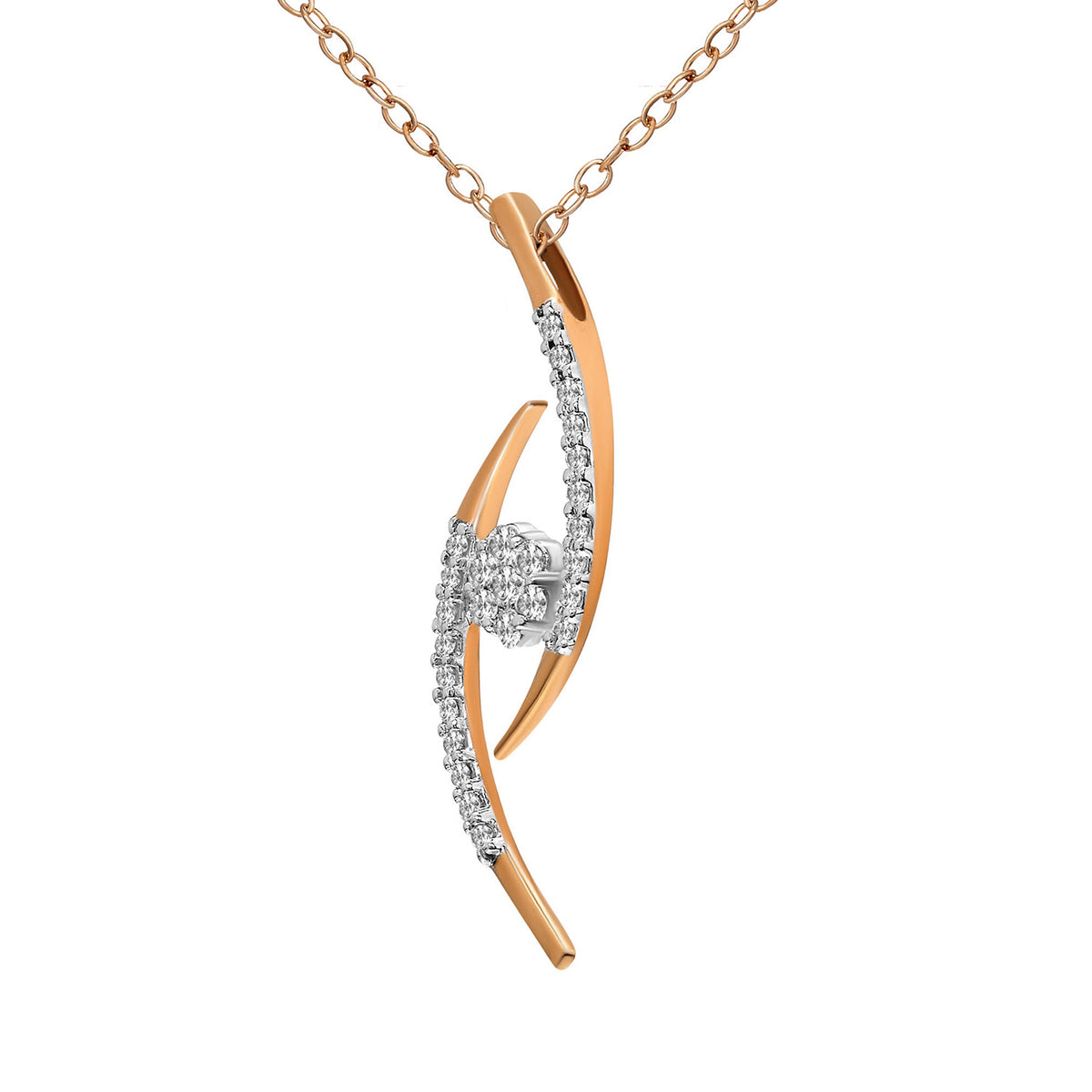 Rose gold diamond swirl pendant necklace with pavé-set diamonds and a central round diamond cluster