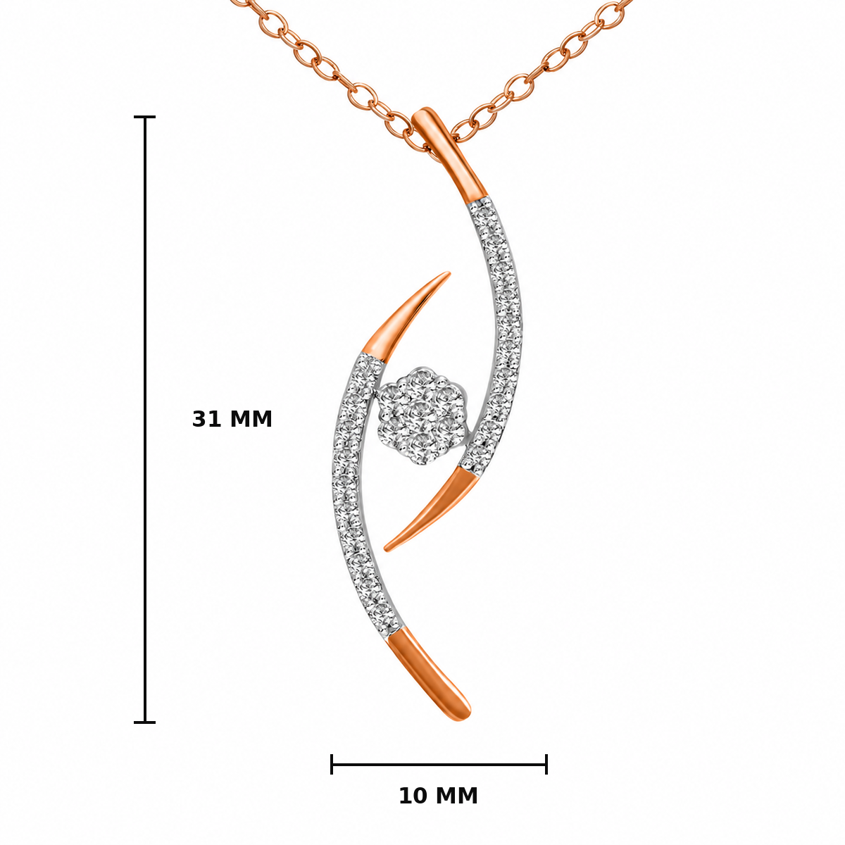 Rose gold and silver curved pendant necklace with a central cluster of clear stones, shown on a white background with dimension markers indicating 31 mm height and 10 mm width.