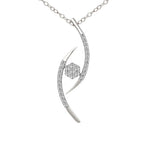 Front-facing view of a white gold diamond pendant with an openwork curved swirl design set with accent diamonds surrounding a center cluster stone on a delicate link chain