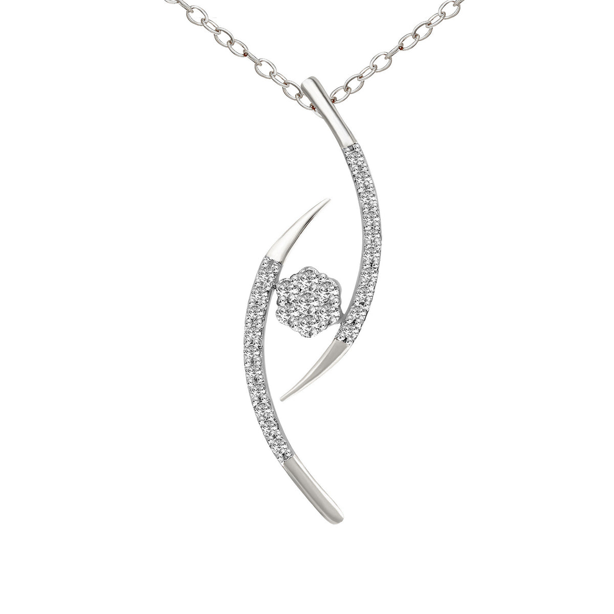 Front-facing view of a white gold diamond pendant with an openwork curved swirl design set with accent diamonds surrounding a center cluster stone on a delicate link chain