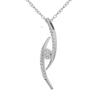 White gold diamond pendant with curved bypass swirl design set with pave diamonds and a central diamond cluster.