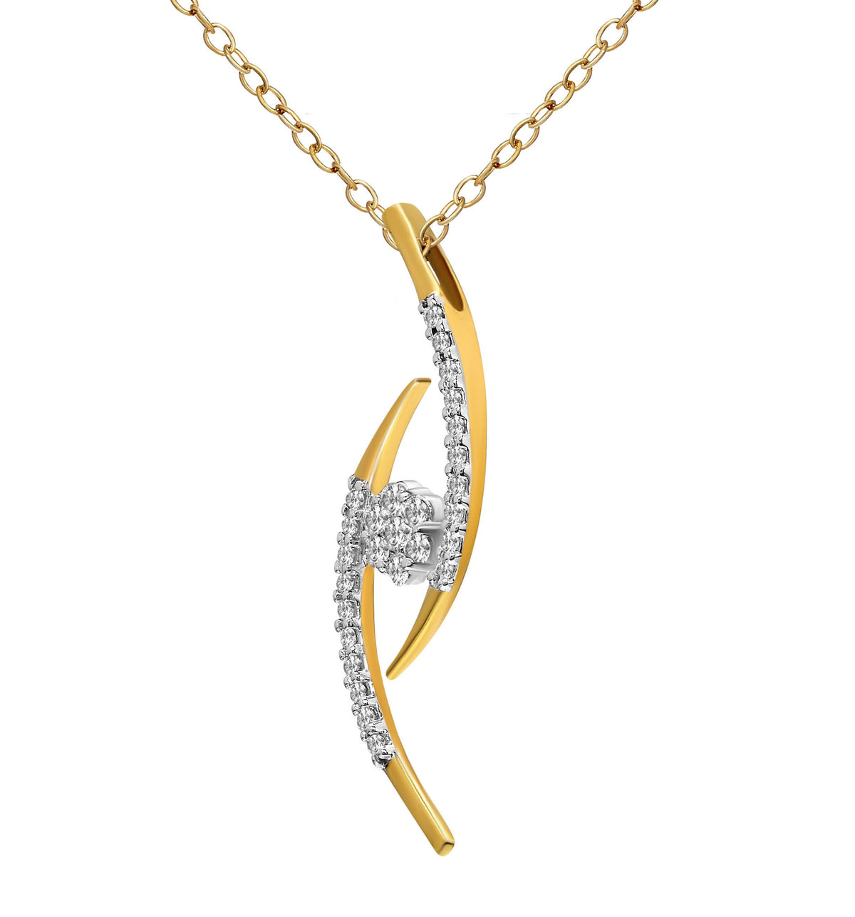 A gold pendant necklace with a curved, abstract design set with small clear stones, shown on a plain white background.