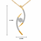 Yellow gold diamond swirl pendant necklace with pavé diamonds and central cluster, displaying product dimensions of 31 mm long by 10 mm wide