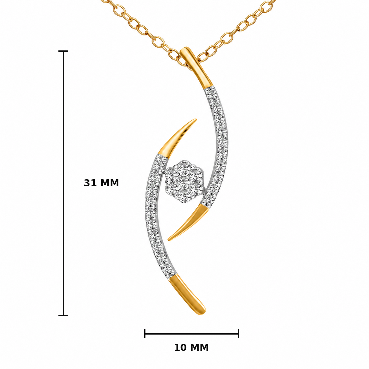 Yellow gold diamond swirl pendant necklace with pavé diamonds and central cluster, displaying product dimensions of 31 mm long by 10 mm wide