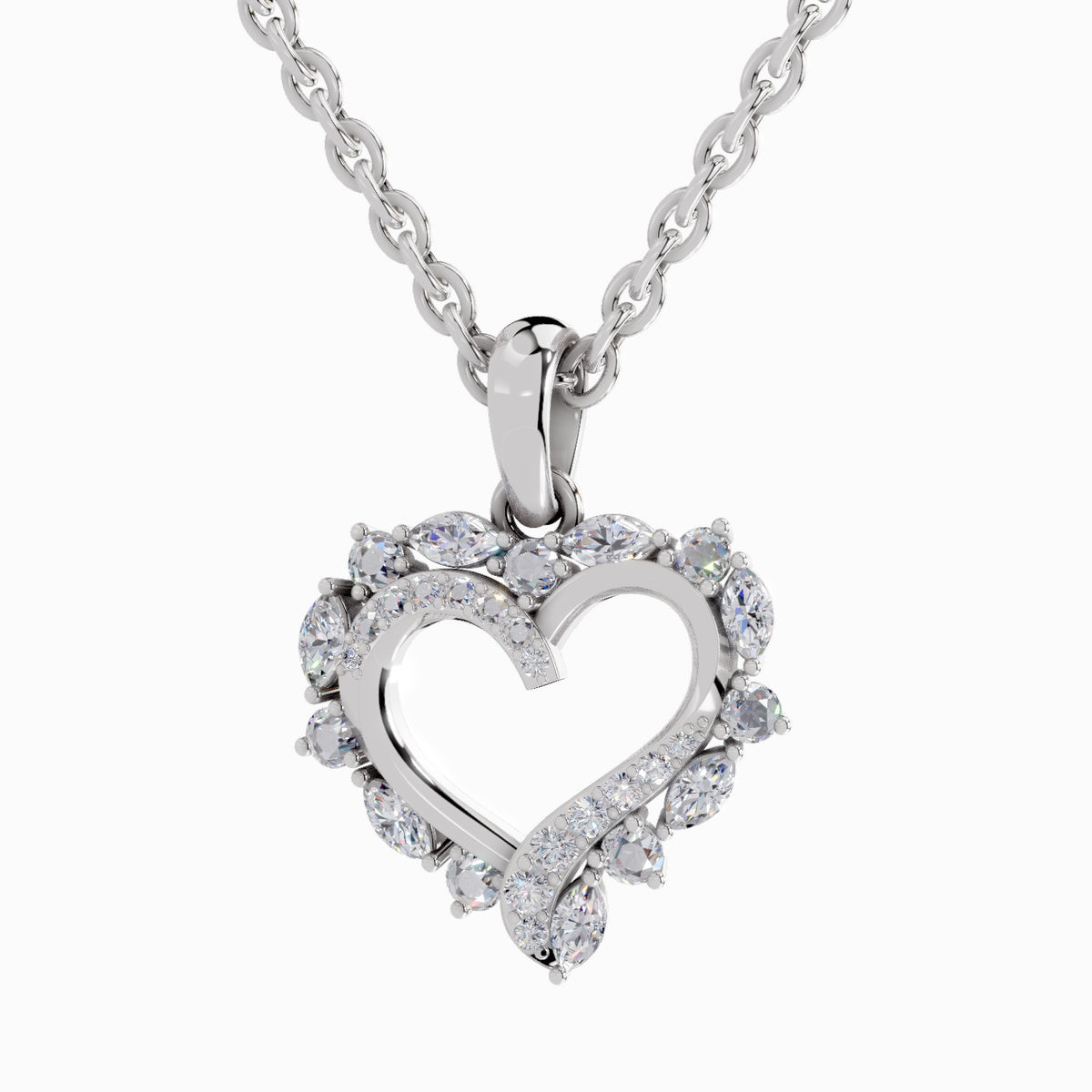 Heart-shaped diamond pendant on a white background