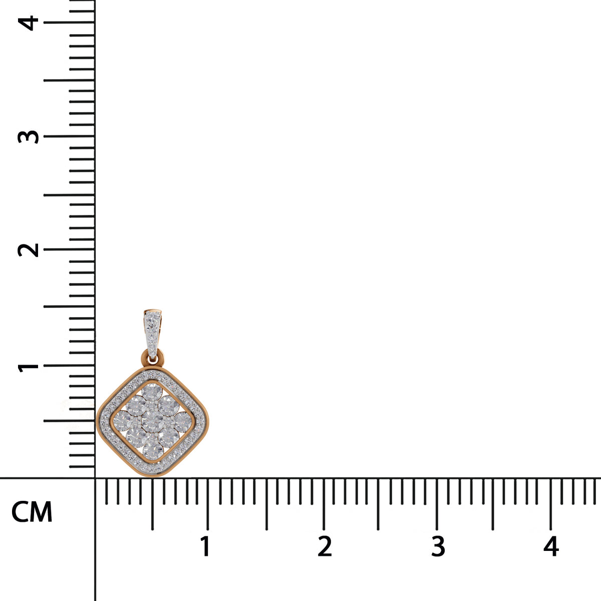 A diamond pendant with a gold and white metal border, shown next to a centimeter ruler to indicate its small size.