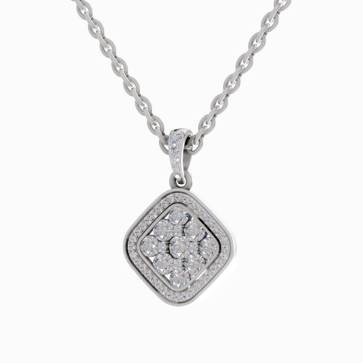 A silver-toned diamond pendant necklace featuring a square pendant with a floral cluster of clear pavé stones, suspended from a matching link chain on a light gray background.