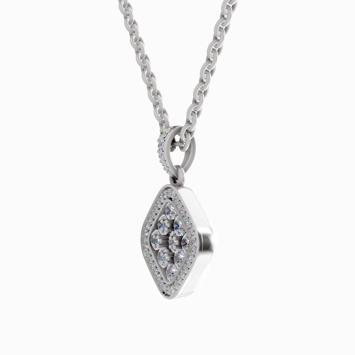 A silver-toned necklace with a geometric evil eye pendant, featuring clear pavé stones around a central round stone, shown on a light gray background.