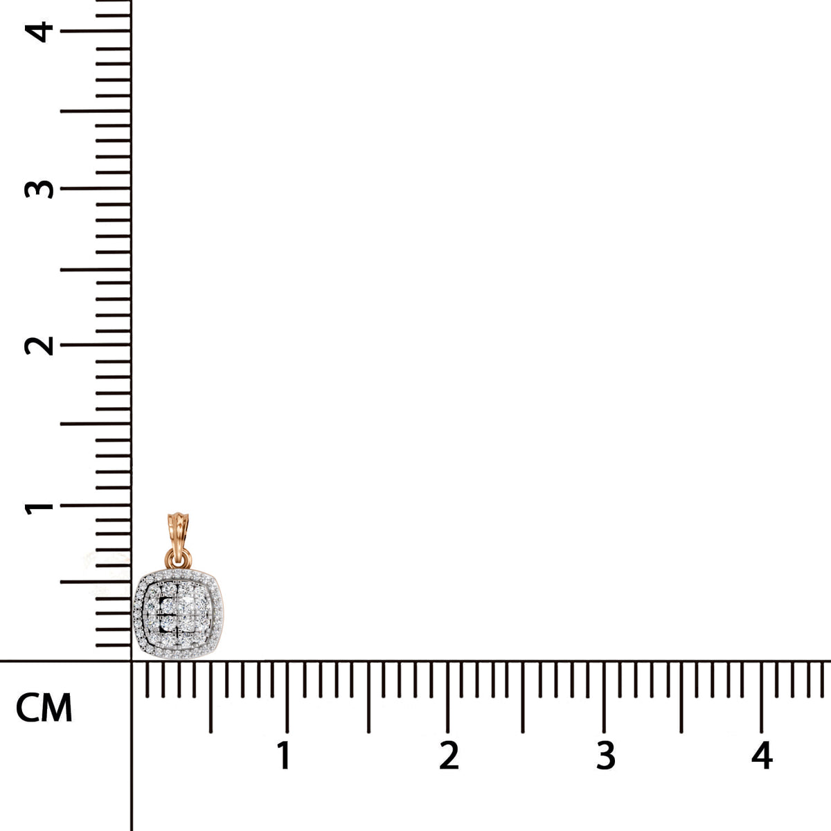 A small square pendant with a gold border and a pave-set white stone center, shown next to a centimeter ruler for scale on a white background.