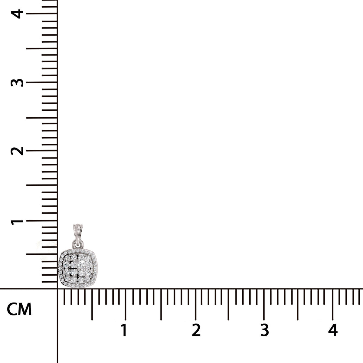 A small square pendant with a silver-toned border and clear stones, shown next to a centimeter ruler for scale on a white background.