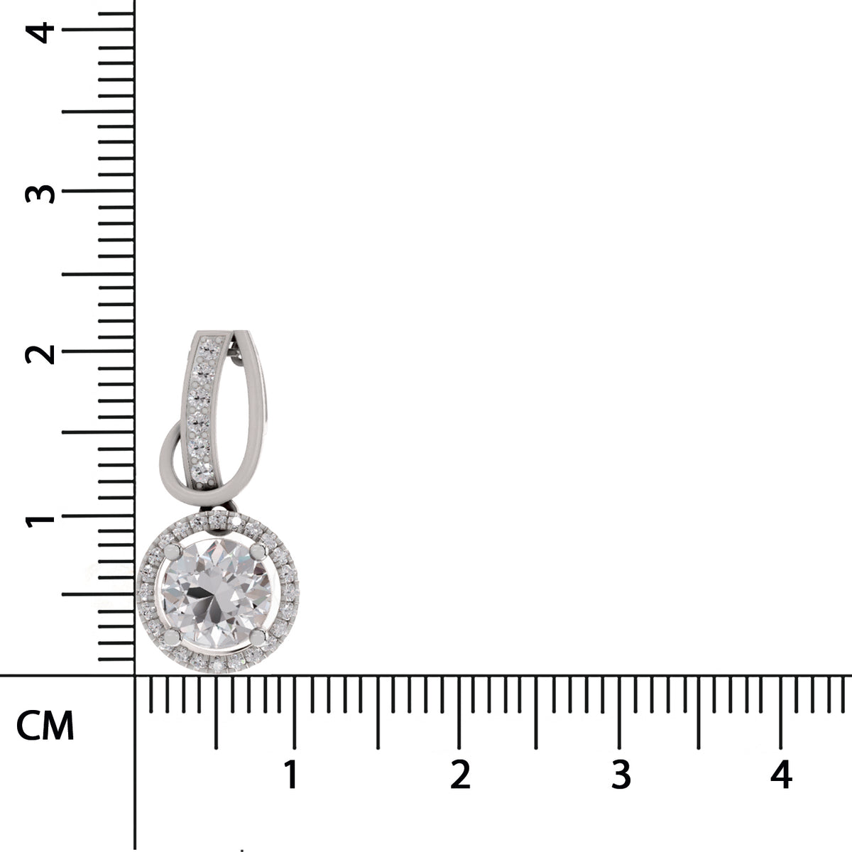 A silver-toned huggie hoop earring with a round halo pendant set with clear stones, shown next to a black ruler with centimeter markings to indicate scale.