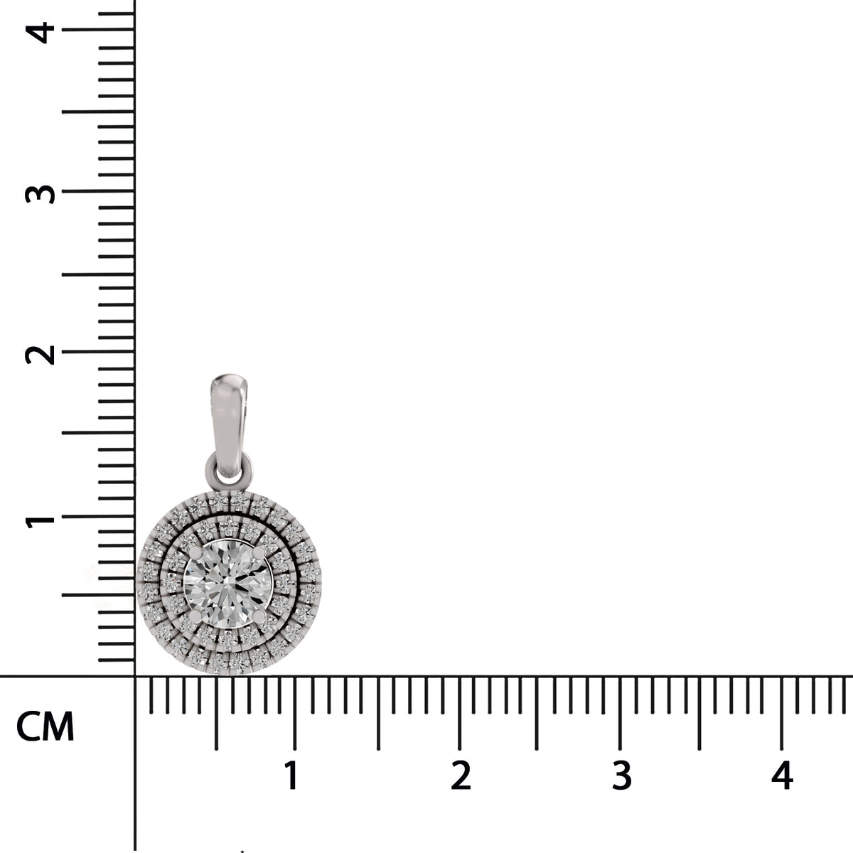 A round silver pendant with a halo of small clear stones around a central starburst design, shown next to a black ruler with centimeter markings for size reference.