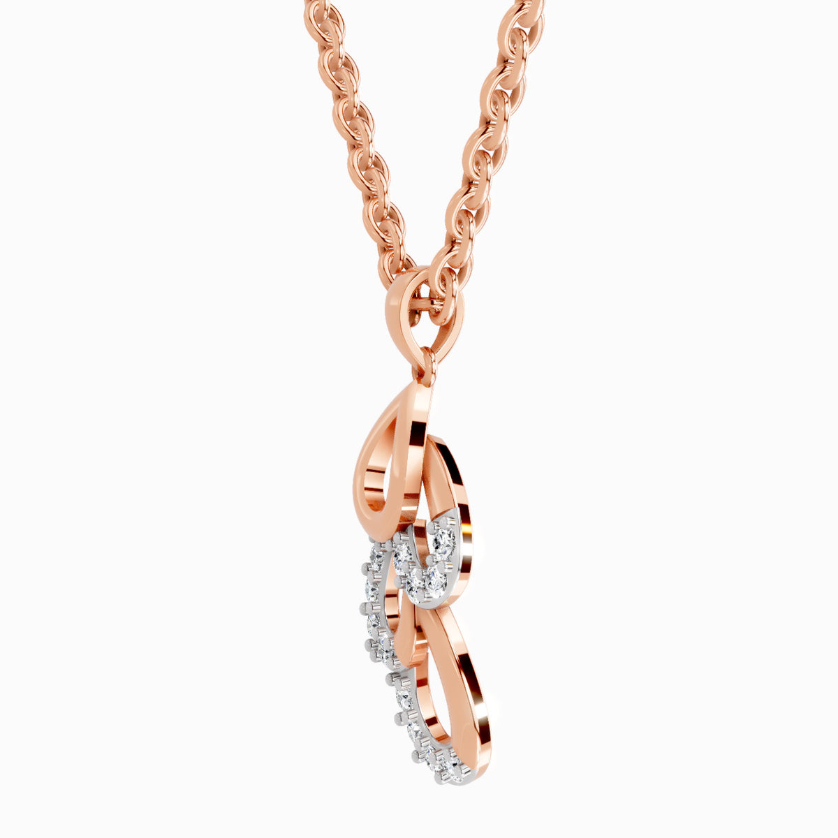 Rose gold necklace with a pendant on a white background