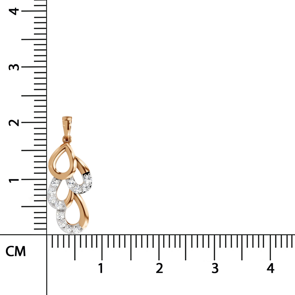 Rose gold and silver pendant with diamonds next to a ruler for scale on a white background
