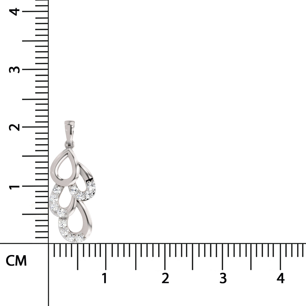 Silver pendant with clear stones next to a ruler for scale on a white background