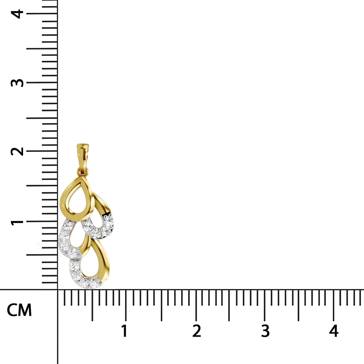 Gold and silver pendant with clear stones on a ruler for scale