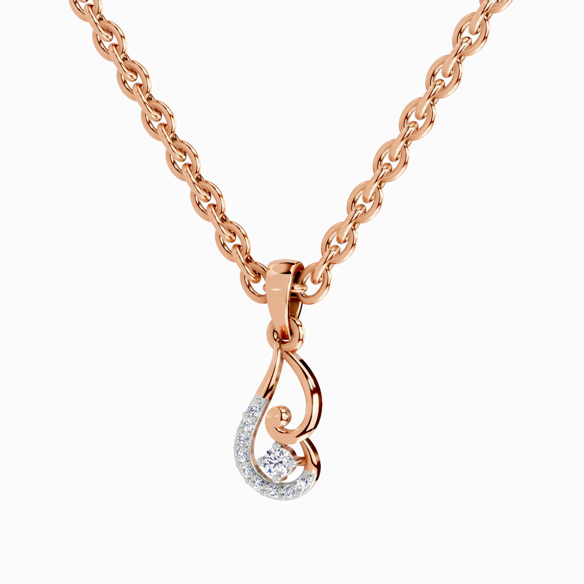 Rose gold necklace with a unique pendant on a white background