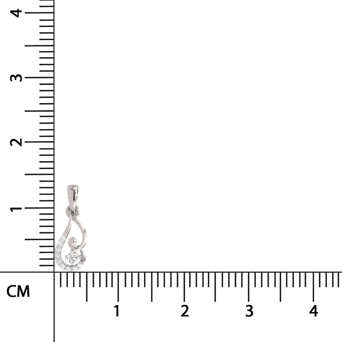 Silver pendant with a heart and diamond design next to a ruler for scale on a white background