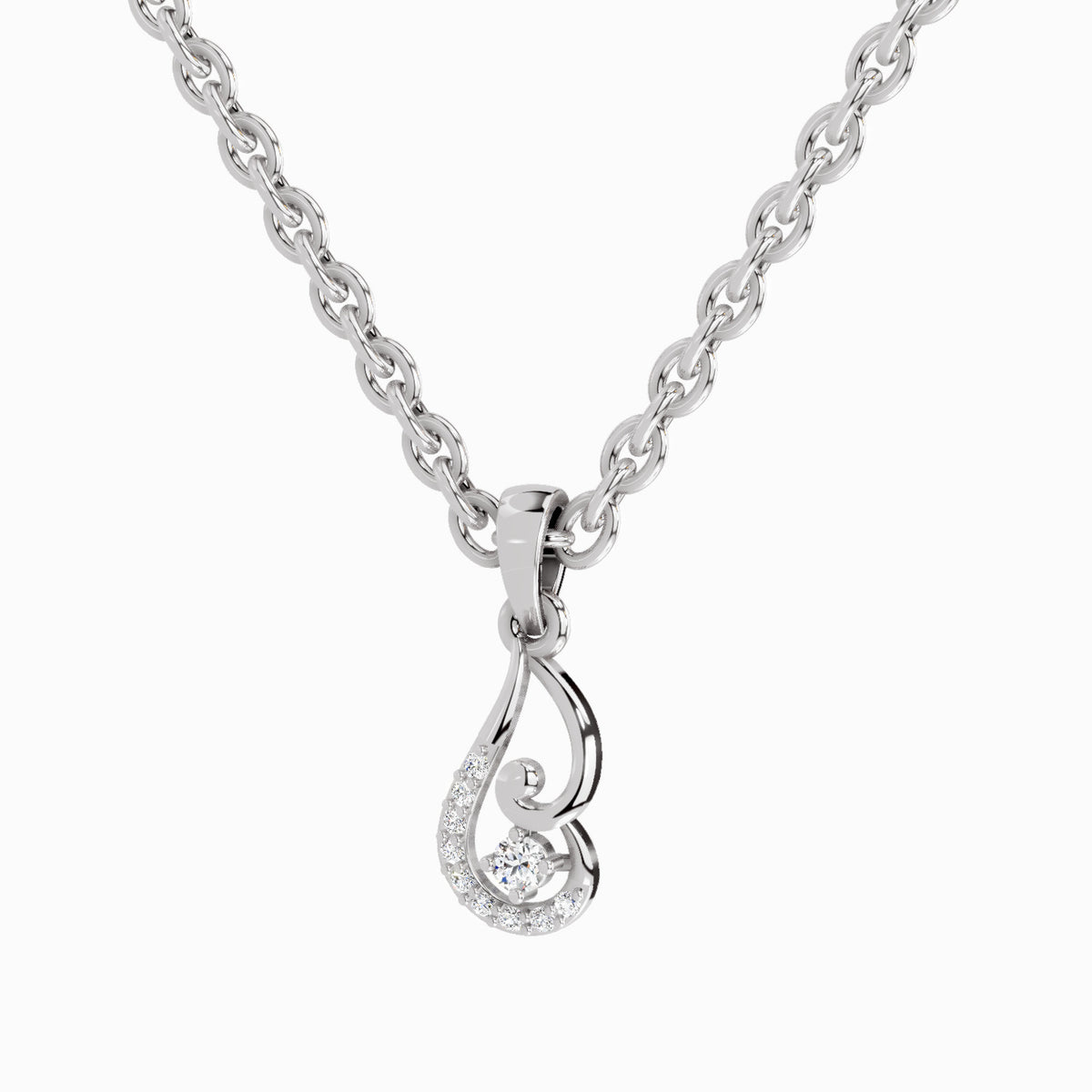 A silver-tone necklace with a teardrop-shaped pendant featuring a small clear round gemstone, shown against a plain white background.