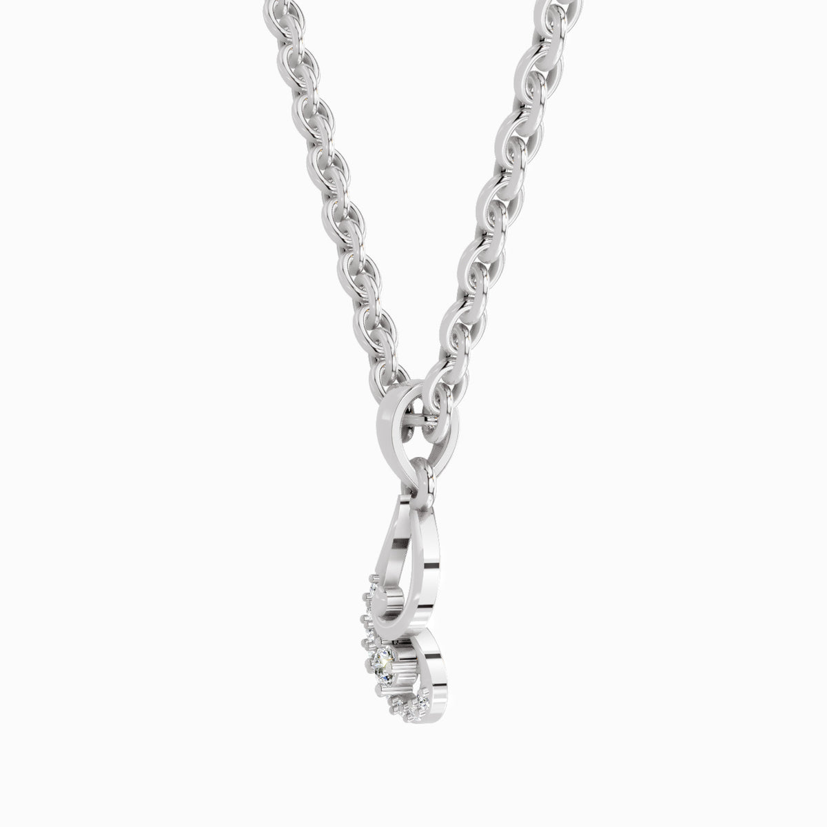 A silver-toned necklace featuring a curb chain and a small wrap-style pendant with a row of clear gemstones, shown against a plain white background.