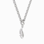 A silver-toned necklace featuring a classic curb chain and a polished teardrop-shaped pendant with a small keyhole cutout at the bottom, displayed against a clean white background.