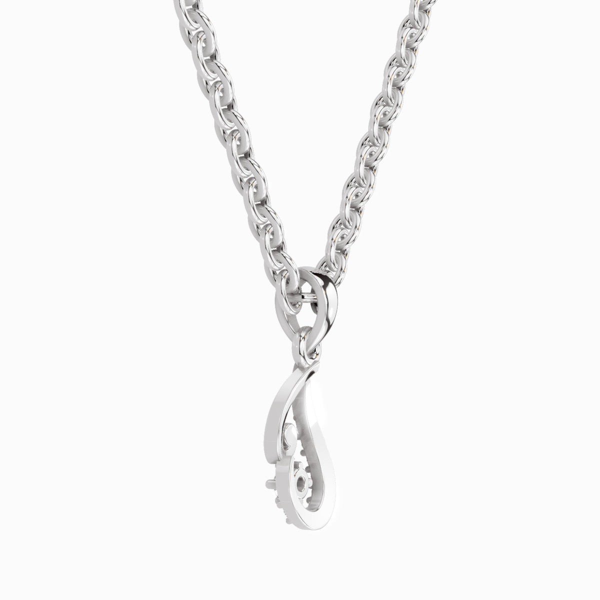 A silver-toned necklace featuring a classic curb chain and a polished teardrop-shaped pendant with a small keyhole cutout at the bottom, displayed against a clean white background.