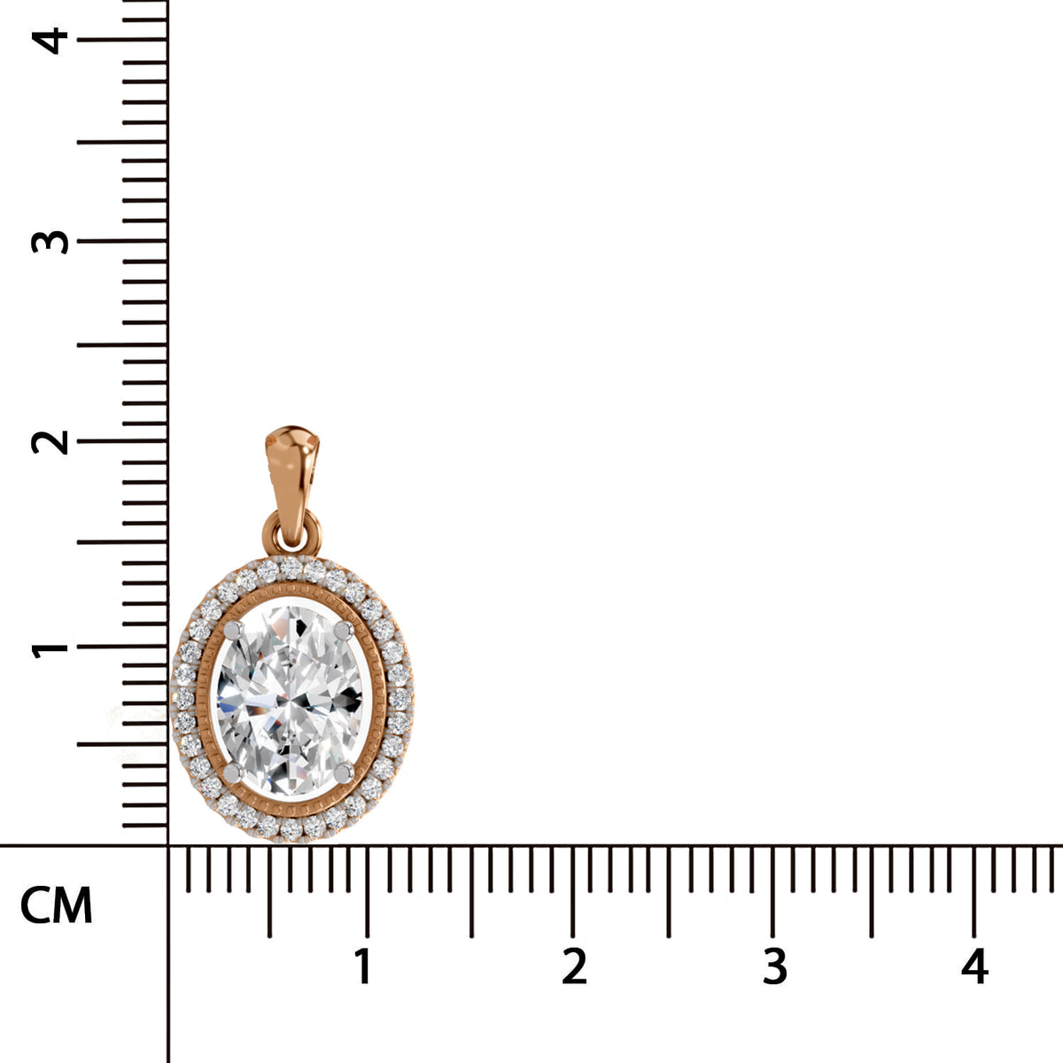 An oval pendant with a clear central gemstone surrounded by a halo of small clear stones in a rose gold setting, shown next to a centimeter ruler for scale on a white background.