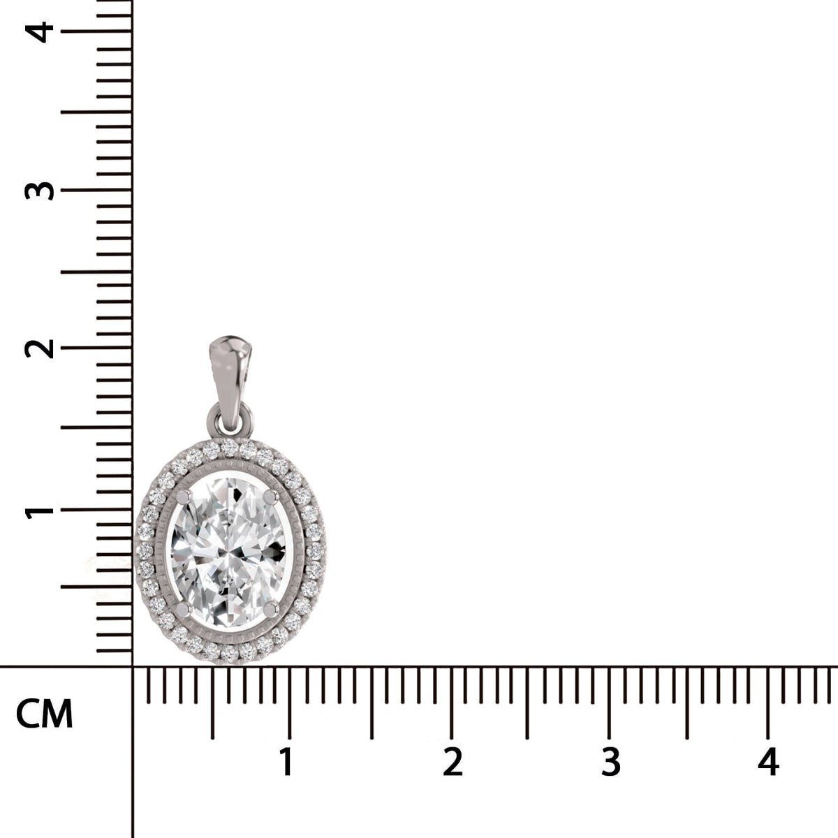 An oval diamond pendant in a silver-toned setting, shown next to a centimeter ruler to indicate its size.