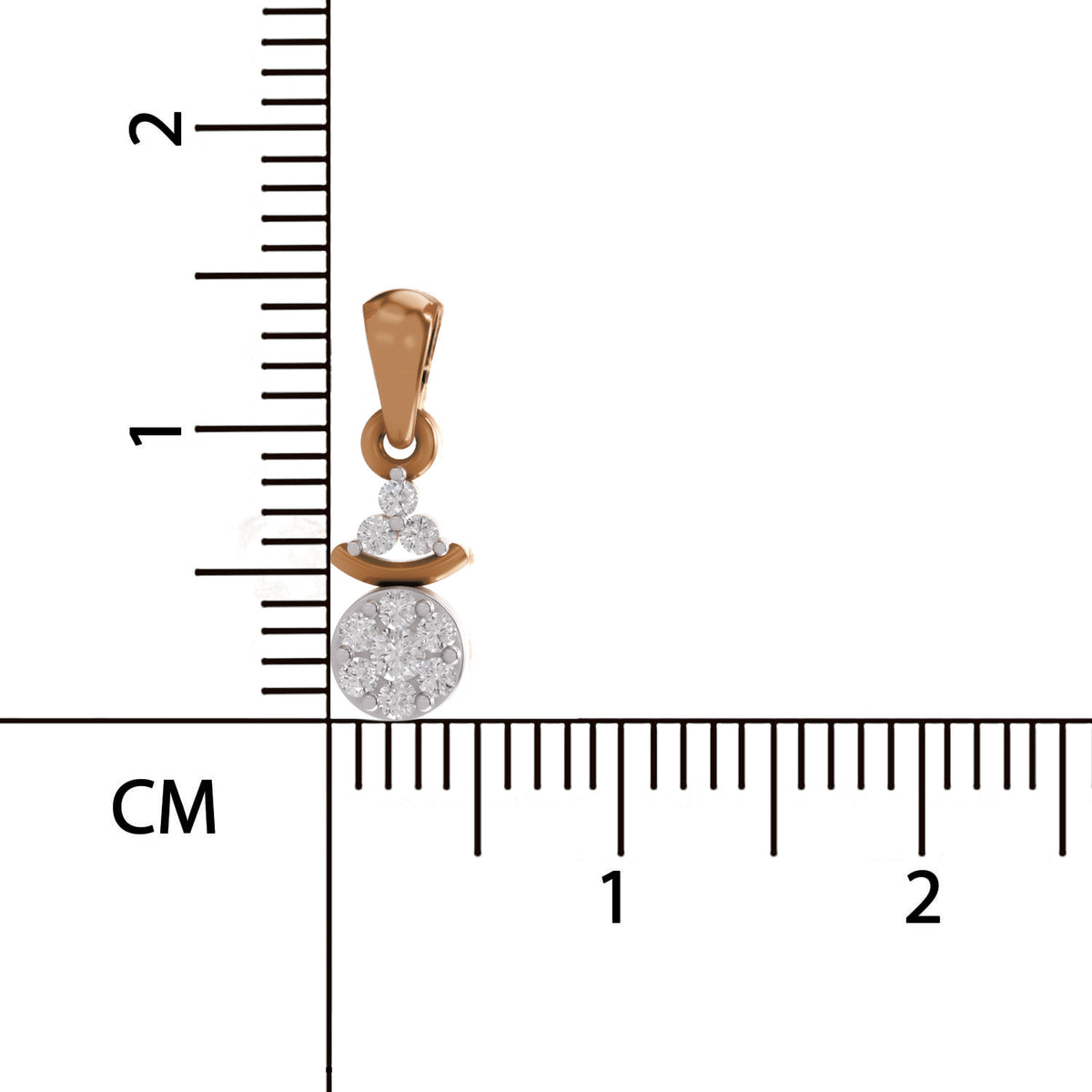 Gold and silver pendant with a clear gemstone on a white background with measurement scale.
