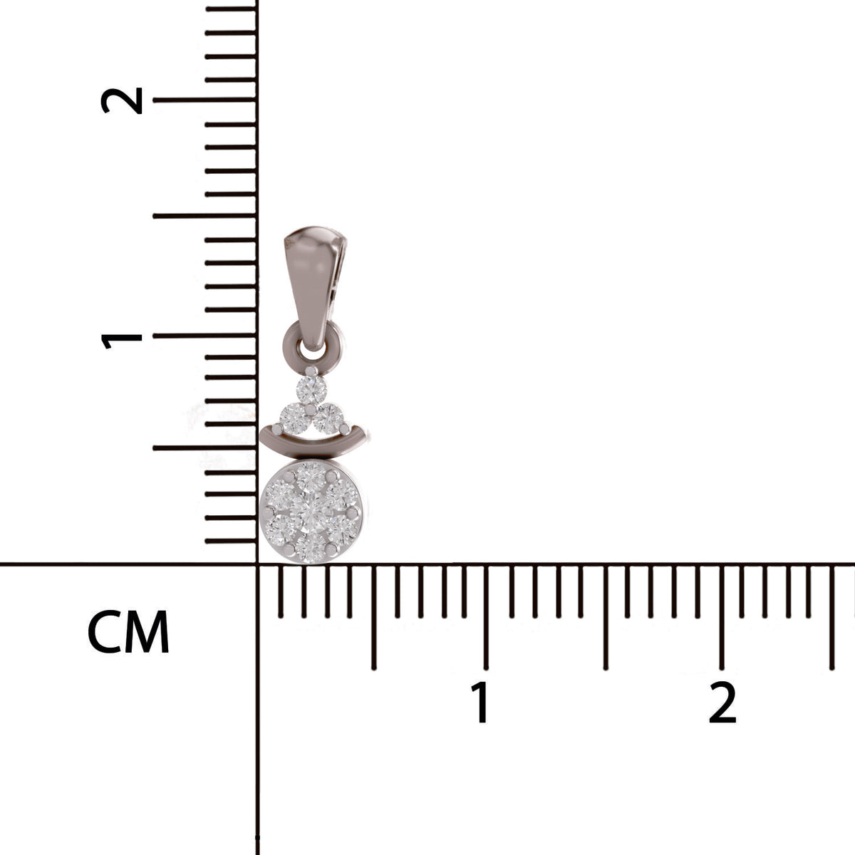 Silver pendant with two round stones on a ruler for scale