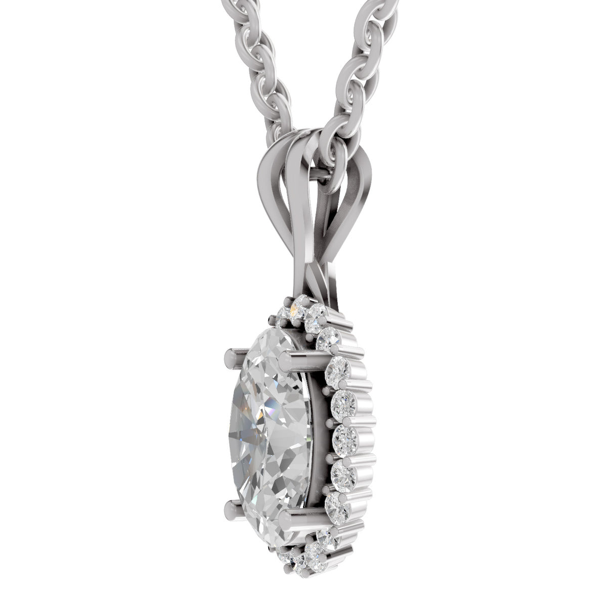 A silver-toned oval pendant necklace featuring a large clear center stone surrounded by a halo of smaller round stones, suspended from a matching chain on a plain white background.