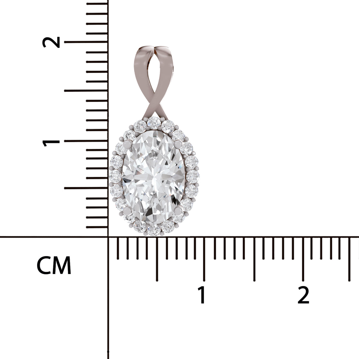An oval diamond pendant with a halo setting and an infinity-style top loop, shown next to a centimeter ruler for scale on a white background.