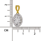 An oval diamond pendant with a yellow gold infinity-style top and a halo of small clear stones, shown next to a centimeter ruler for scale on a white background.