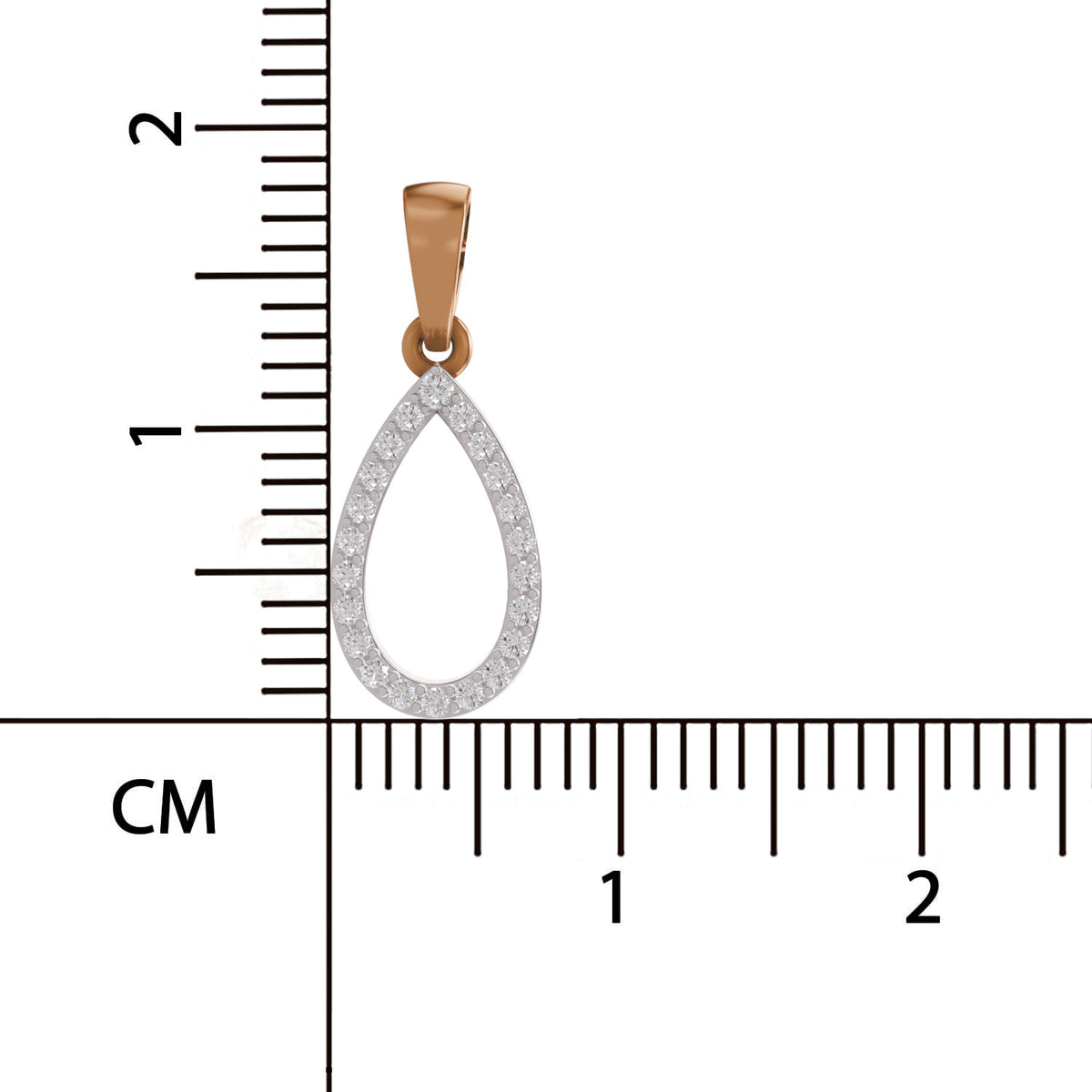 Teardrop-shaped pendant with rose gold bail on a ruler for scale