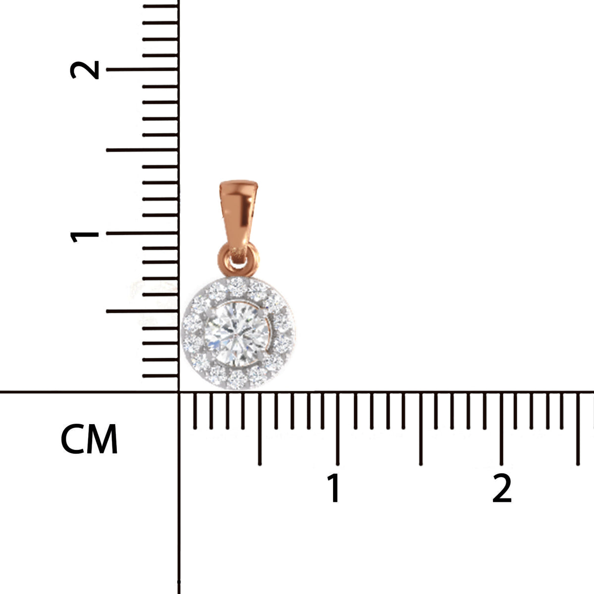 A round halo pendant with a rose gold bail and a silver-toned halo setting with a central clear gemstone, shown next to a centimeter ruler for scale on a white background.