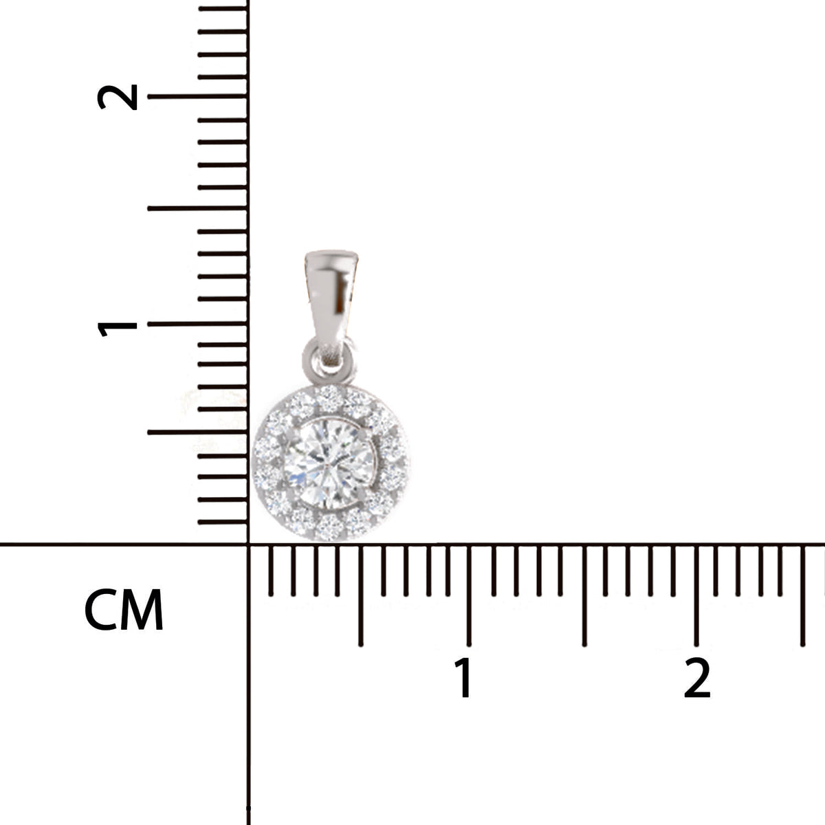 A round halo pendant with a silver-toned metal setting and clear gemstones, shown next to a centimeter ruler for scale on a white background.