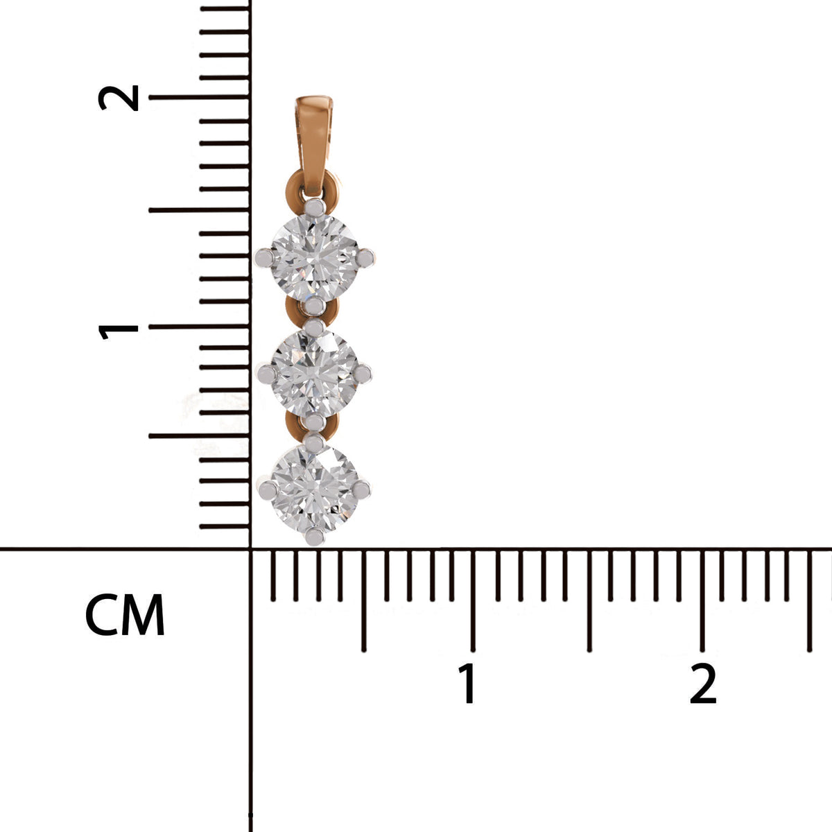 A close-up product photo of a small pendant with three clear round-cut stones in a rose-gold setting, shown next to a centimeter ruler for scale on a white background.
