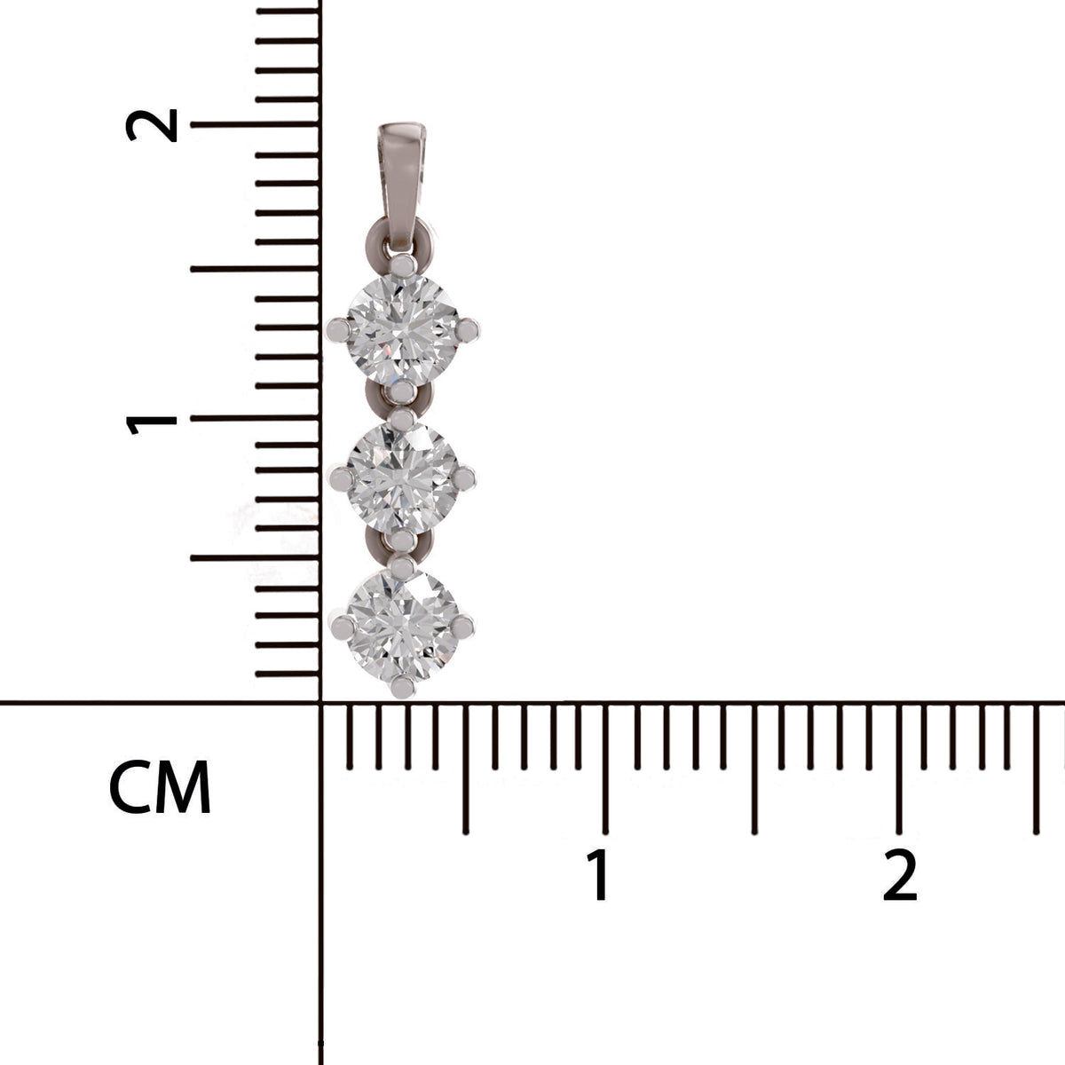 A vertical close-up of a silver-toned jewelry pendant with three clear round-cut stones, shown next to a centimeter ruler for scale on a white background.