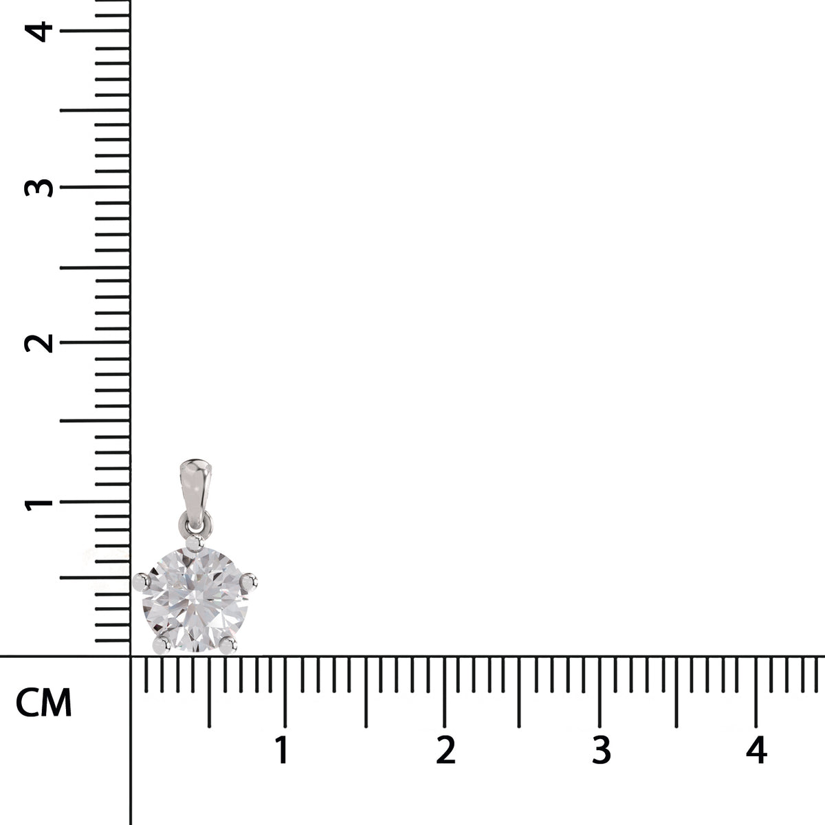 A silver pendant with a round clear gemstone in a prong setting, shown next to a centimeter ruler for scale on a white background.