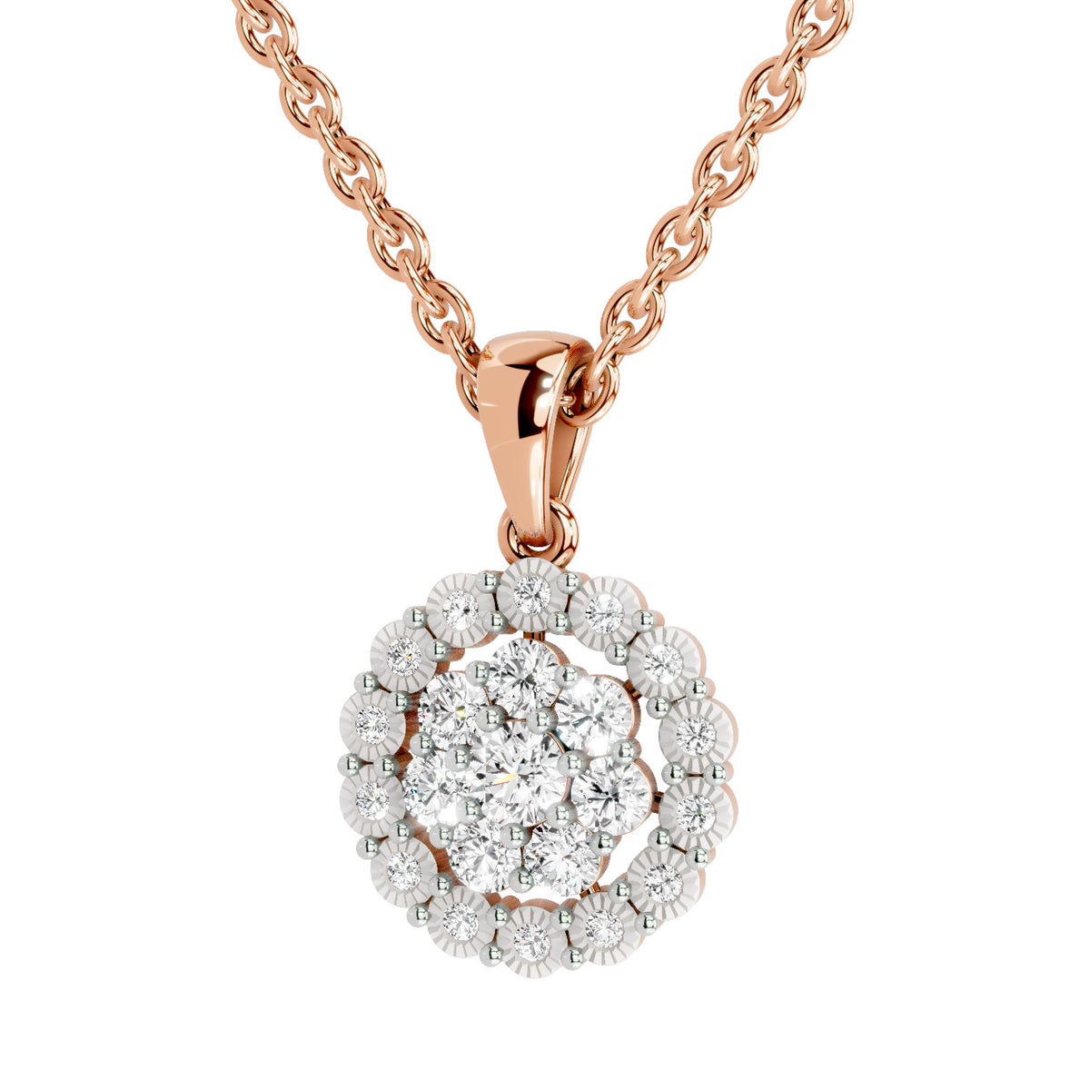 Rose gold necklace with a diamond pendant on a white background