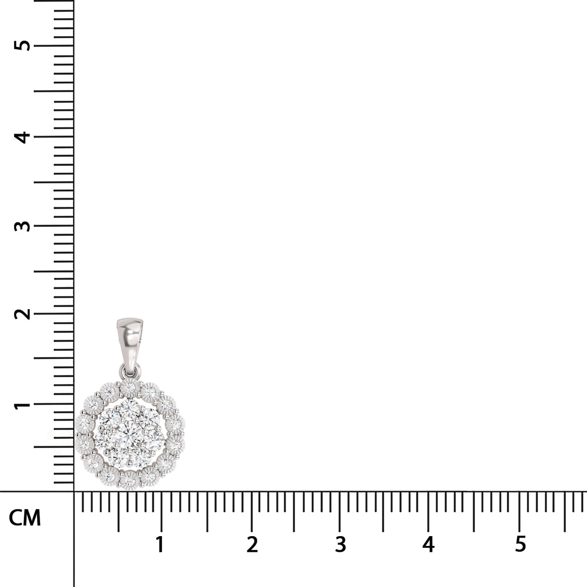Silver pendant with clear stones on a ruler for scale