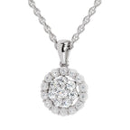 A silver-tone round cluster pendant necklace with multiple clear gemstones, suspended from a matching chain on a plain white background.