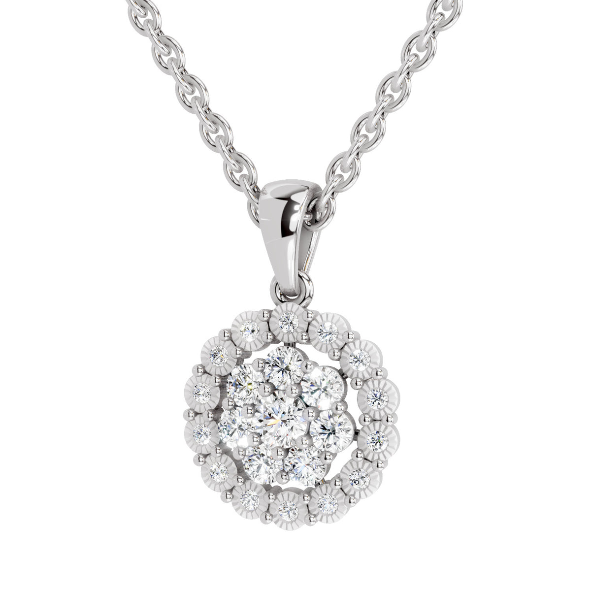 A silver-tone round cluster pendant necklace with multiple clear gemstones, suspended from a matching chain on a plain white background.
