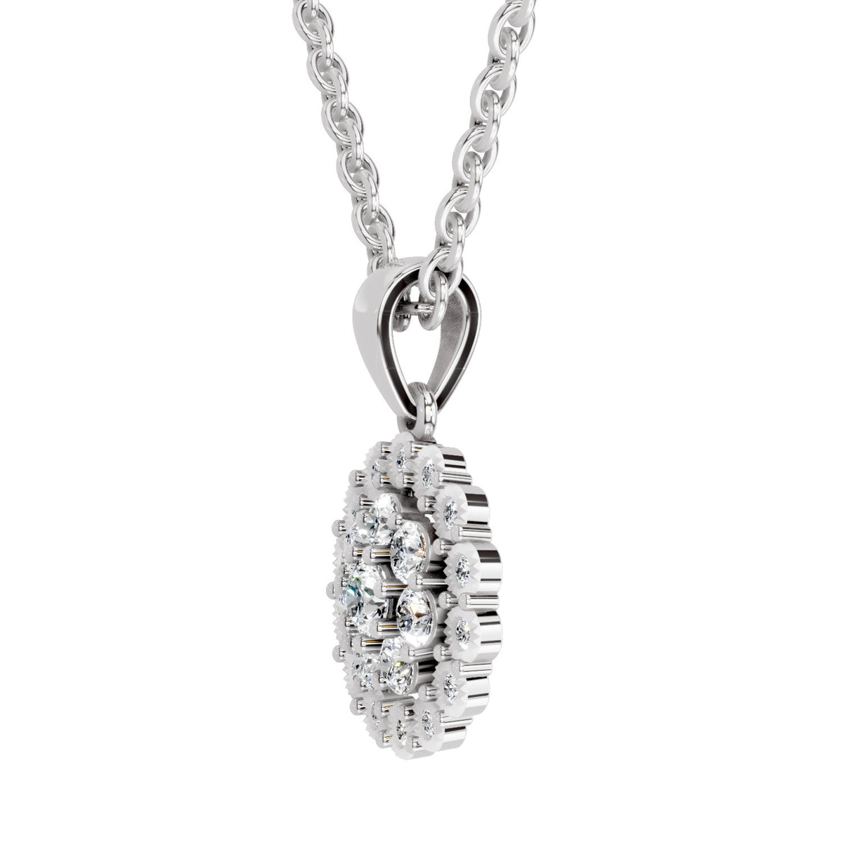 Diamond pendant on a chain against a white background