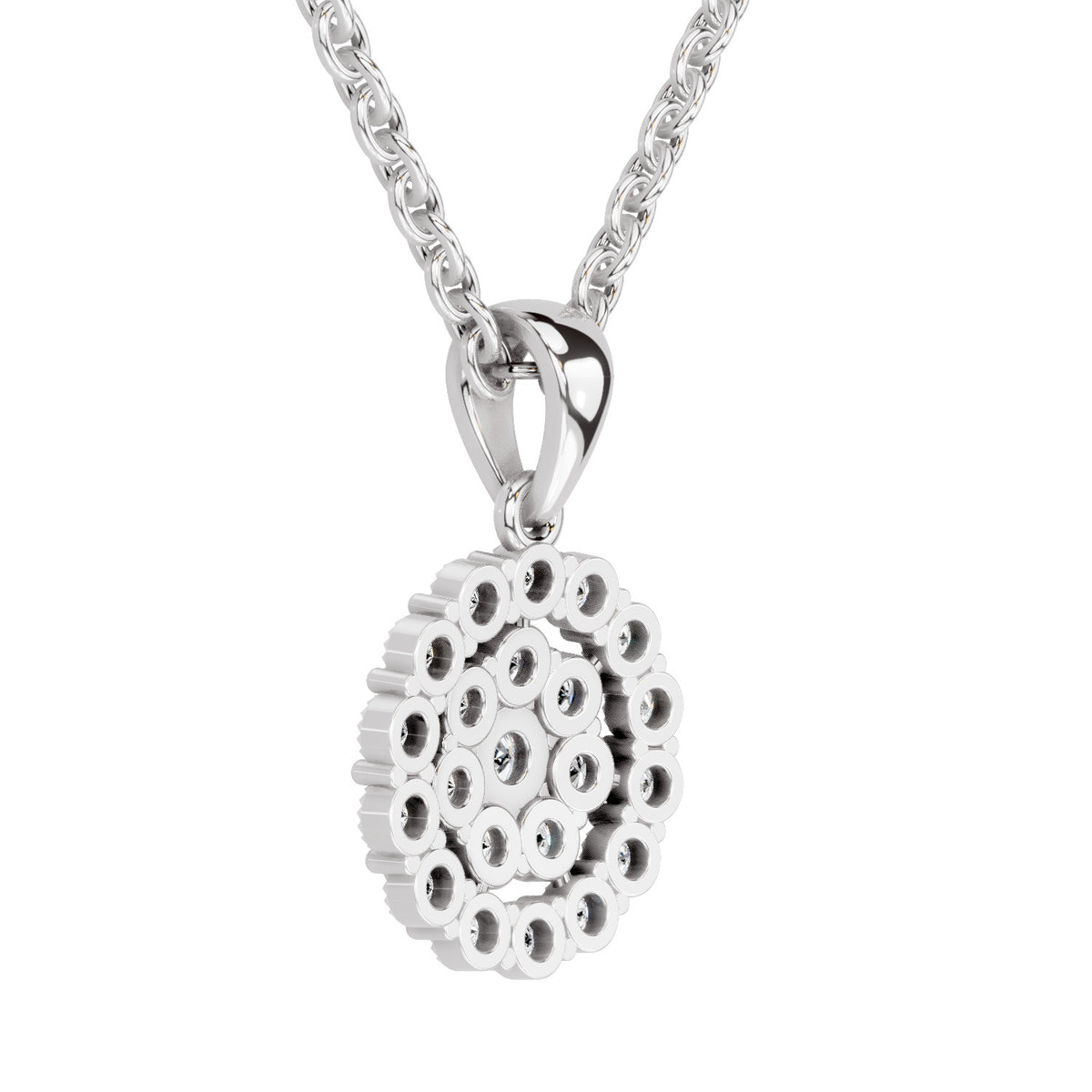 A silver pendant necklace featuring a circular, textured design with small inset circular details, suspended from a silver chain on a plain white background.