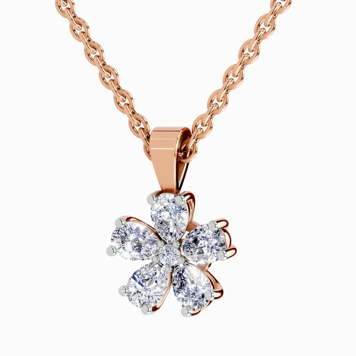 A rose gold flower-shaped pendant necklace with clear gemstones, shown on a clean white background.